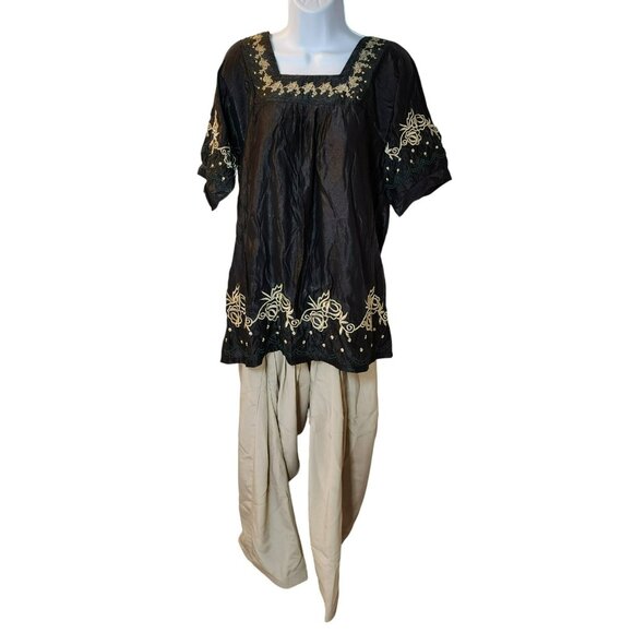 Qianzi 2pc Set L Black Tan Embroidered 65/35 Cotton Blend Desi Fusion Ethnic - Picture 12 of 13